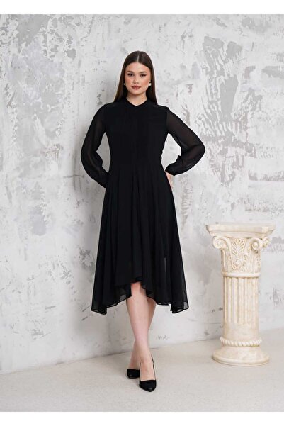 RİGALA SİYAH ŞİFON UZUN TÜL KOLLU YANDAN GİZLİ FERMUARLI ASTARLI MİDİ ELBİSE