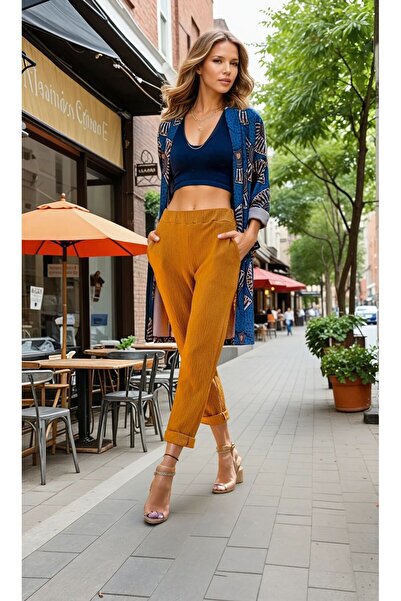 Pasaklı Giyim Visok struk i Elastične Elastično Udobne Ženske Hlače - Senf Sm...