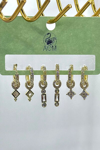 DEMOKAN Kadın Küpe İthal Full Zirkon Seri 6'lı Baget Kare Halka Model Kararma...