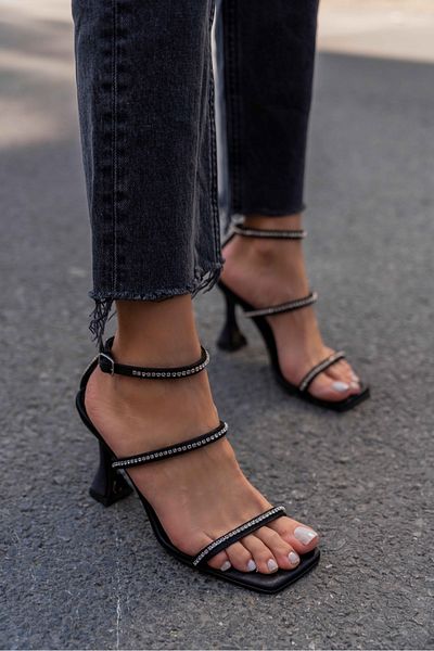 NİŞANTAŞI SHOES Sofia Black Satin Stone - Sandale de damă cu toc