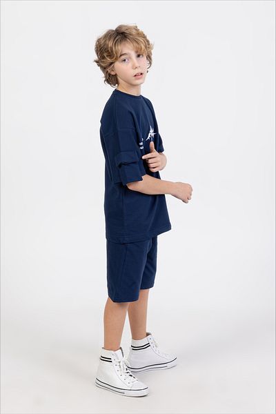 Ruhat Kids Boy's Oversized Shorts with Front Printed T-Shirt and Necklace Double Set