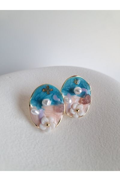 BHR AKSESUAR Blue Sea and Flower Detailed Pearl Earrings