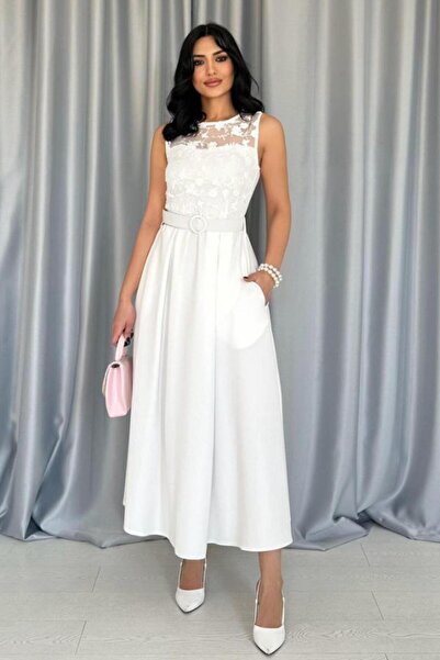 ZISHAN Dantel ve Nakış Detaylı Kemerli Kolsuz Midi Boy Kadın Abiye Elbise 8552