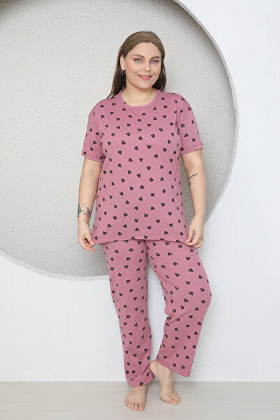FAMES PİJAMA Plus Size Powder Small Heart Patterned Pajama Set