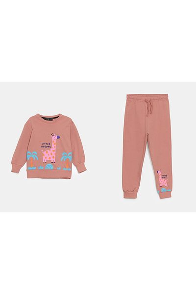 LC Waikiki Lcw Kids Pink Crew Neck Printed Baby Girl Sweatshirt and Sweatpants Set