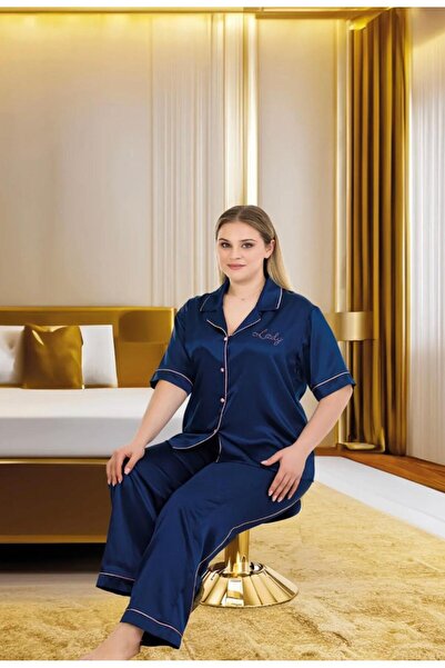 İpek Women's Short Sleeve Front Buttoned Plus Size Satin Solid Color Pajama Set