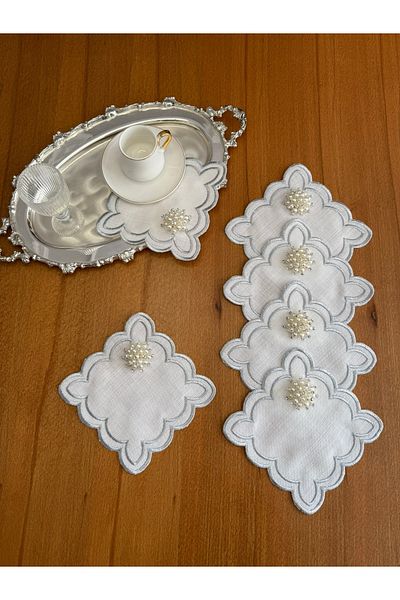 Smiling Home 6 Pieces Linen Silver Color Double Row Embroidered Wavy Cloud Patterned Pearl Cocktail Presentation Napkin