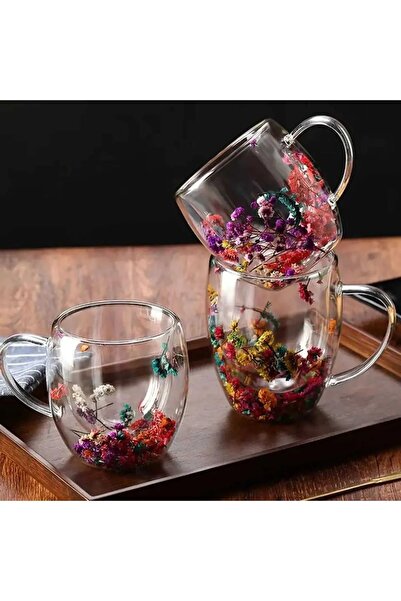 ellahomedekor Kurutulmuş Çiçekli Bardak Camlı Çift Cidarlı Borosilikat Cam Bardak Kupa Fincan 250ml.