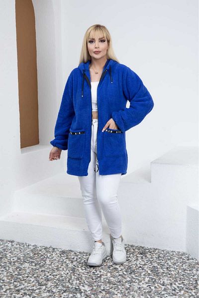 BİrHoşButik PLUS SIZE LYCRA SOFT POCKET HOODED RIBBED ZIPPER WINTER TREND PLUSH FLEECE CARDIGAN