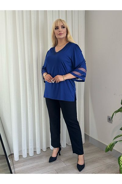 MODA Women's Plus Size Collar Stone Sleeves Tulle Detail Flexible Viscos Tunic