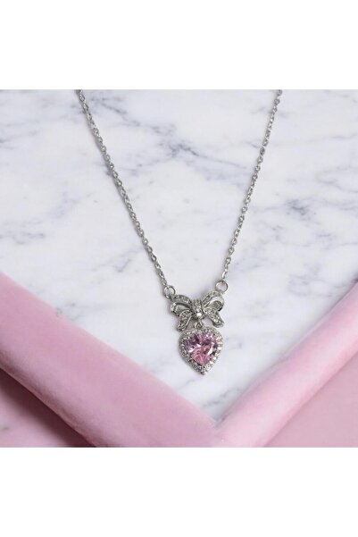 Fulya Accessories Steel Pink Heart Necklace