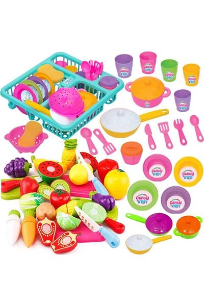BambaPaw Toy Dish Cookware Plate Set + 12-Piece Cuttable Fruit and Vegetable Set, Toy Dish Set