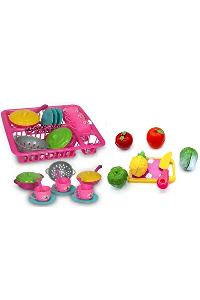 Oyuncakhane مجموعة أواني طبق رف الأطباق + 24 قطعة من لعبة الفواكه والخضروات ا...