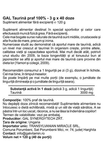 Gal Taurine For Longevity And Good Tone, 3g X 40 Doses