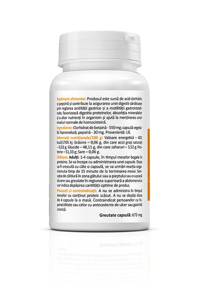 ZENYTH Betaine Hcl Pepsin, 60 Capsules, Gastric Hypoacidity And Digestion Support, 580 Mg/caps