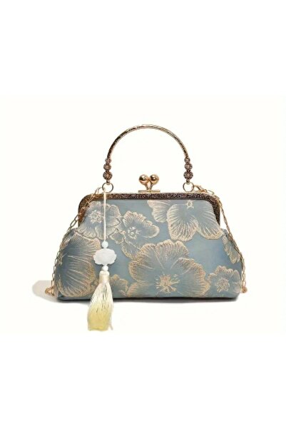 Alaçatı Püsküllü Şık Çiçekli Mavi Gece Çantası & Vintange Esintili Kadın Çantası