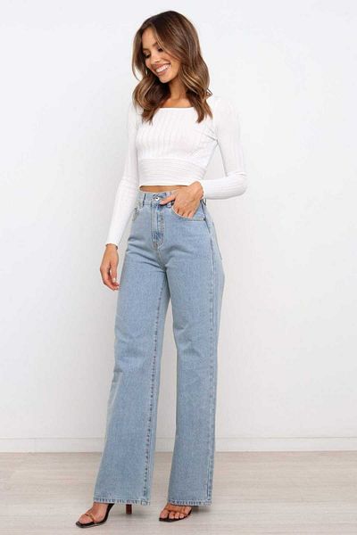 SHEVEGA Ice Blue High Waist Lycra Loose Wide Leg Loose Palazzo Jean Trousers