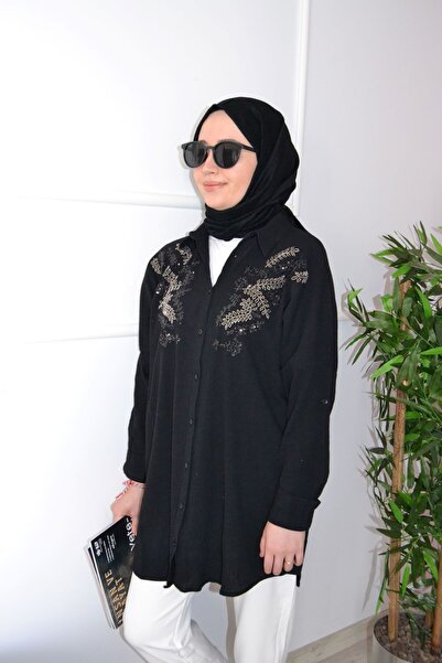 ASELA. قميص تونيك مطرز بالخرز كبير الحجم
