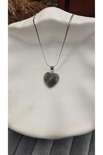AURA Labradorite Stone Heart Necklace, Steel Chain