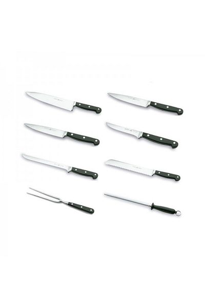 Lacor Set of 6 knives, fork and sharpener with wooden stand, Perfect Kitchen Pro