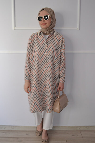 ASELA. Stone and Pearl Detail Long Patterned Shirt Tunic with Collar