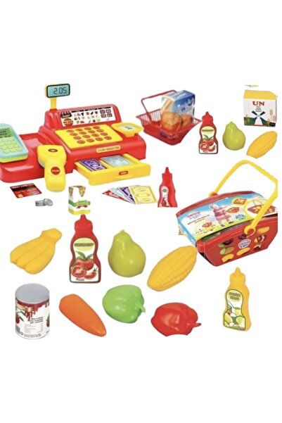 Oyuncakhane Kırmızı Aksesuarlı Süper Market Yazar Kasası ve Alışveriş Sepeti ...