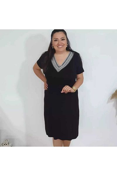 BİrHoşButik Plus Size Full Lycra Shows No Inner Knit Trend V-Neck Short Sleeve Medium Length Sweat-Free Summer Dress