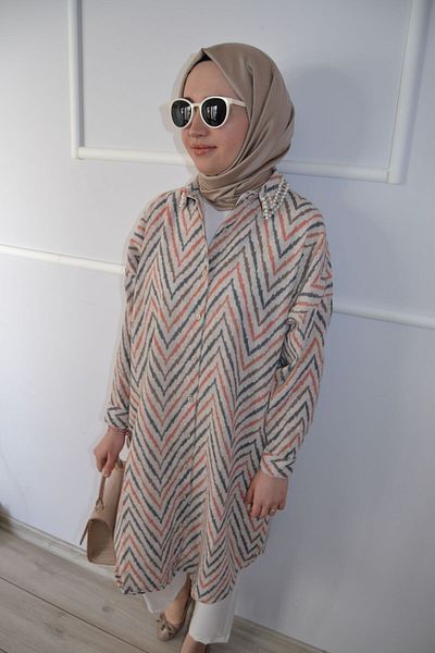 ASELA. Stone and Pearl Detail Long Patterned Shirt Tunic with Collar