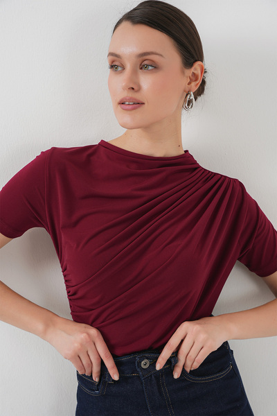 Bigdart Short Sleeve Sandy Blouse with Shirring Detail 945 - Claret Red