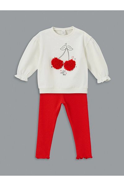 LC Waikiki Crew Neck Cherry Print Sweatshirt and Leggings for Baby Girl - Set of 2