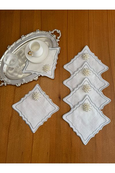 Smiling Home 6 τεμάχια λινό ασημί χρώμα διπλής σειράς κεντημένη ζιγκ-ζαγκ τετράγωνη περλέ χαρτοπετσέτα παρουσίασης κοκτέιλ