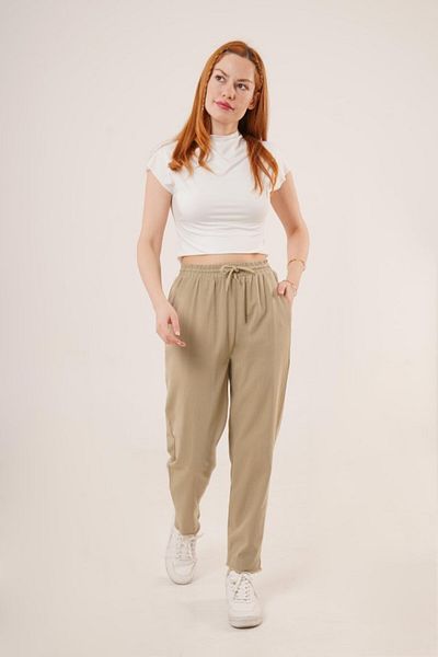 Aemido Khaki Trousers with Pockets and Tied Waist and Leg Detail