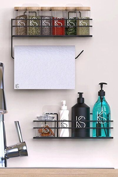 BANİO HOME Siyah Yapışkanlı Mutfak ve Banyo Rafı ve Rulo Havlulu Baharatlık R...