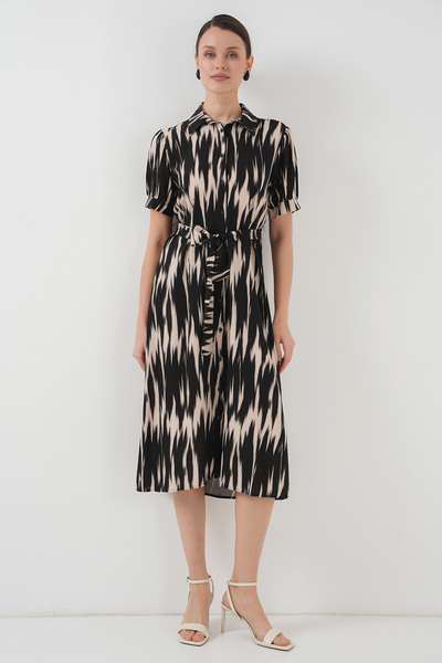 Bigdart Desenli Kısa Kol Elbise 2532 - Siyah