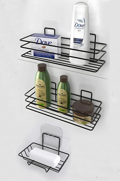 Genel Markalar Siyah Yapışkanlı 3'lü Set Banyo Rafı Banyo Sabunluk Şampuanlık Duşa kabin Duş Askısı