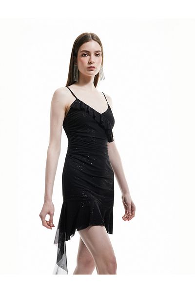 Koton Mini Strap V-Neck Glittery Flounce Mini Dress