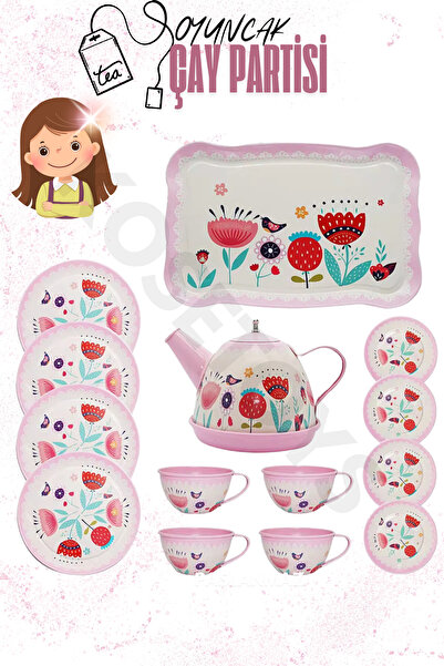 kosetoys Kız çocuk metal çay seti 15 parça çaydanlık ve fincan seti
