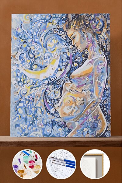 Pastelya Sayılarla Boyama Seti Çerçeveli Kasnaklı Ay Bebek ve Anne 50x65 cm