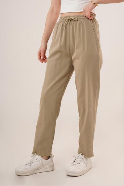 Aemido Khaki Trousers with Pockets and Tied Waist and Leg Detail