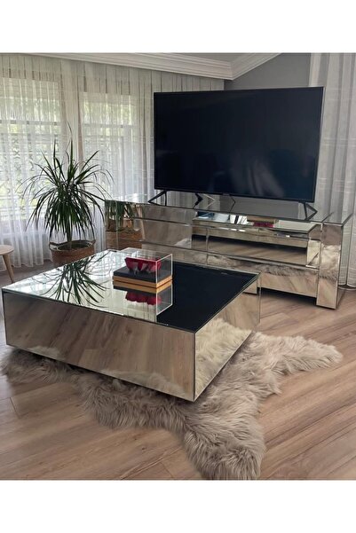 LUXURY VİLLA Luxury Gümüş Aynalı Tv Sehpası 160x45 Yük 55cm Tekerlekli Orta S...