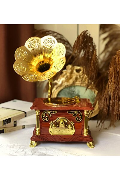 Wolawood Gramofon Müzik Kutusu Kurmalı Çekmeceli Takı Kutulu Nostaljik Dekor Hediyelik Retro Antika Tasarım