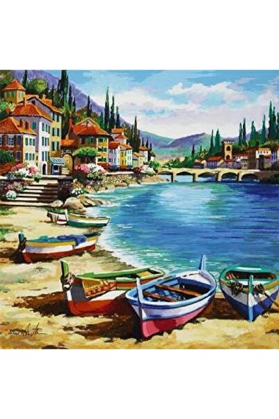 Pastelya Sayılarla Boyama Seti Çerçeveli Kasnaklı Köprülü Sahil Köyü 60 x 75 cm