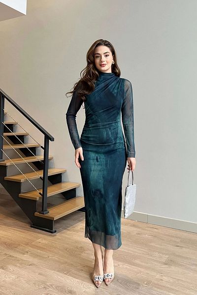 Aventien Rochie maxi din tul albastru cu detaliu drape