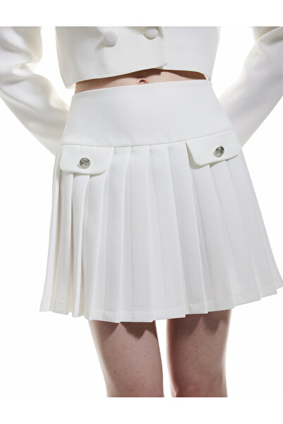 Koton Standart Bel Düğmeli Aplike Detaylı A Kesim Pileli Mini Etek