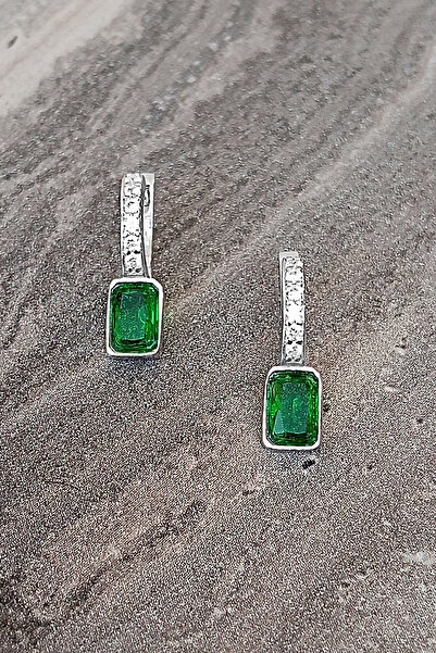 TEK TARZIM TAKI Yeşil Zirkon Taşlı Beyaz Sıra Taşlı Gümüş Çocuk J Küpe  (5 - 15 Yaş)