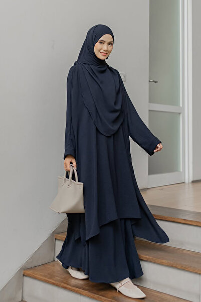 Hasna Tesettür Duha Lacivert 3’lü Abaya Tesettür Takım Etek Tunik Ve Şal
