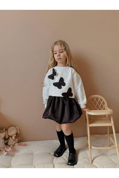 YİGİT BUTİK Butterfly Detailed Glitter Balloon Skirt Girl's Bottom and Top Set
