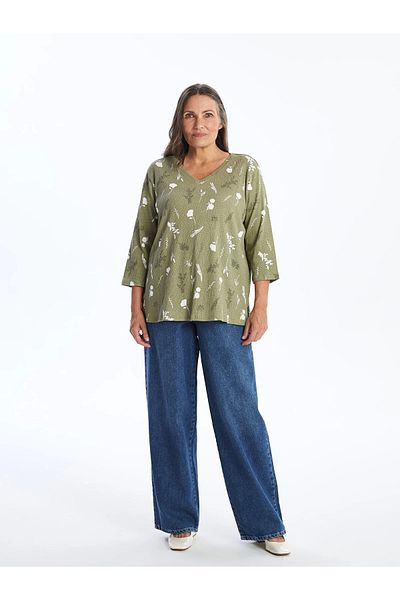 LC Waikiki Lcw Grace Green V-Neck Print Women's Blouse