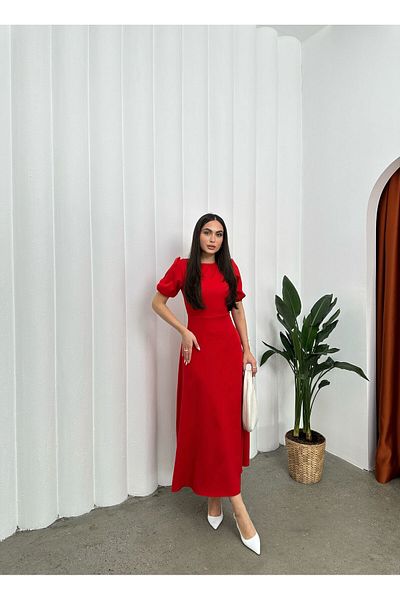 maf collection Γυναικείο βραδινό φόρεμα με κόκκινο καρπούζι με μανίκια κρεπ ύφασμα Maxi μήκους