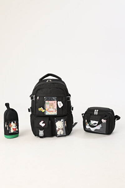 QUOVO Kawaii Kore Tarzı Aksesuarlı Ortopedik Yerli Okul Çantası Kız Erkek Beslenme Kalemlik Çanta Seti